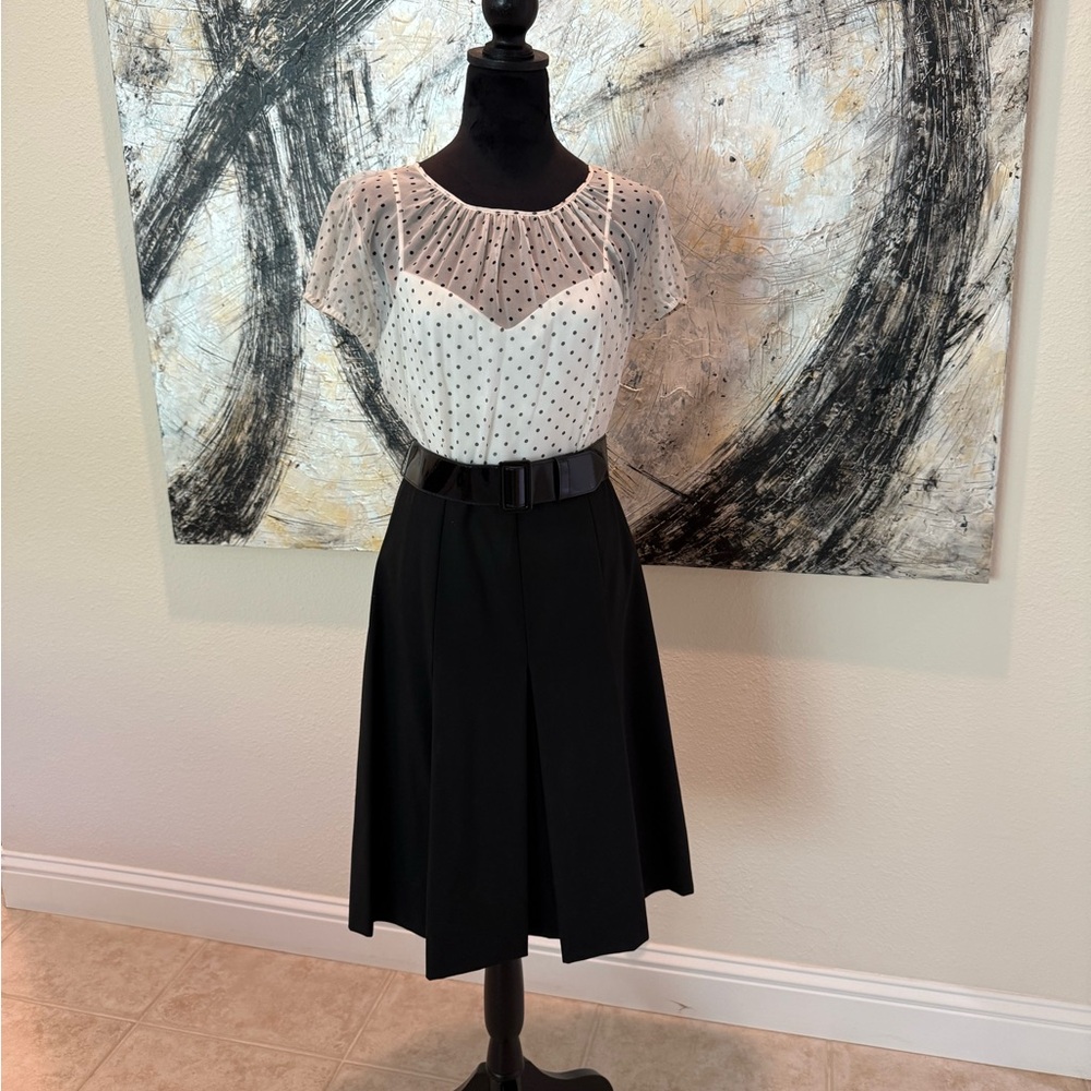 Tahari White Satin Top Gown with Black Dots